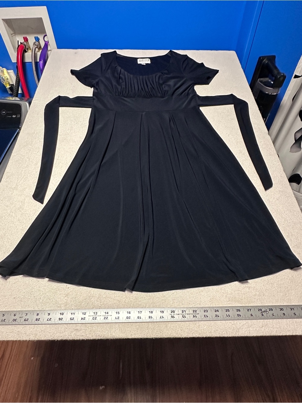 Julian Taylor Black Short-Sleeve Midi Dress with Waist Sashes